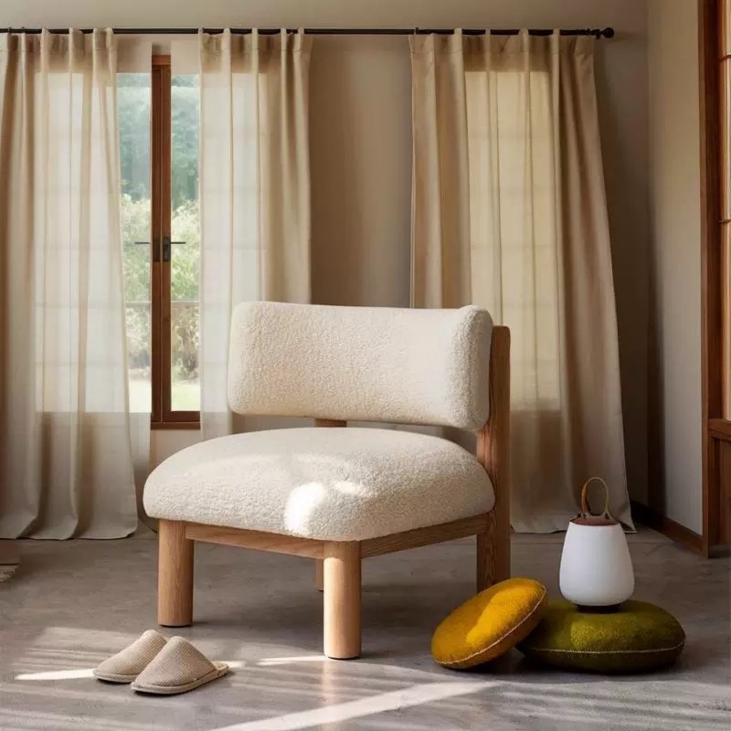 Scandinavian White Bouclé Lounge Chair, Cozy Minimalist Armchair