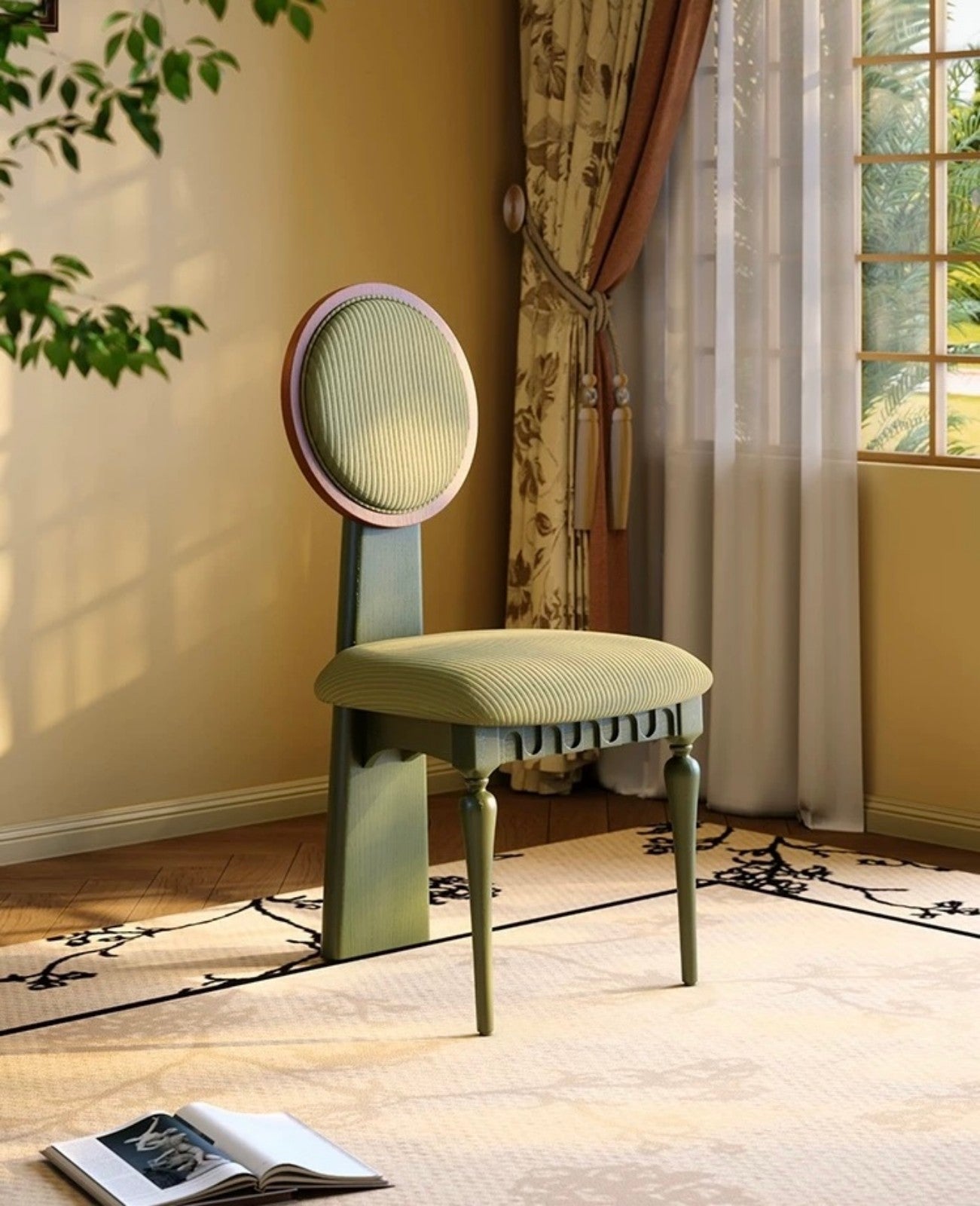 Neo-Classical Round Back Dining Chair, Elegant Green Vanity Chair