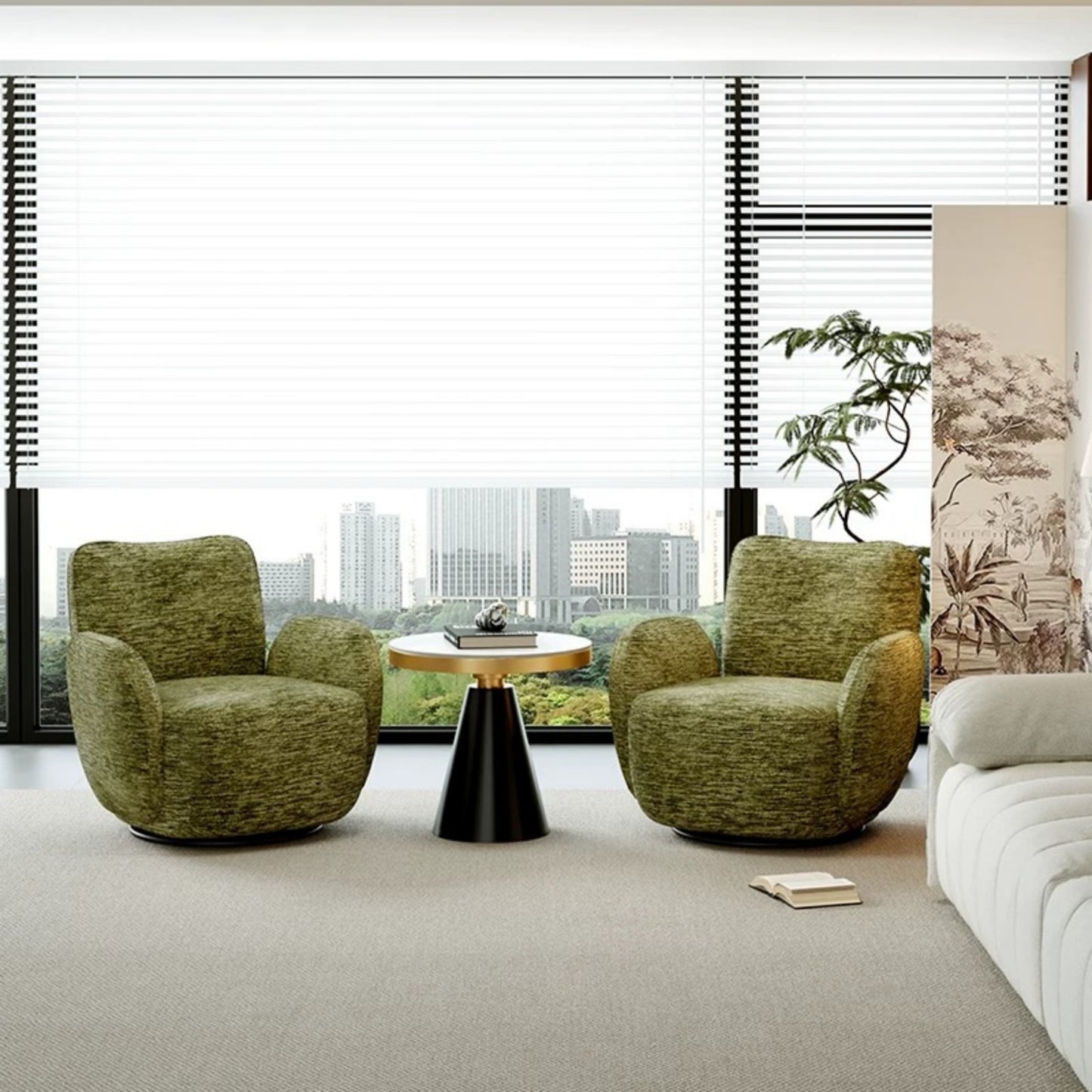 Green Swivel Accent Chair Set, Modern Upholstered Living Room Chairs, Pair of Armchairs