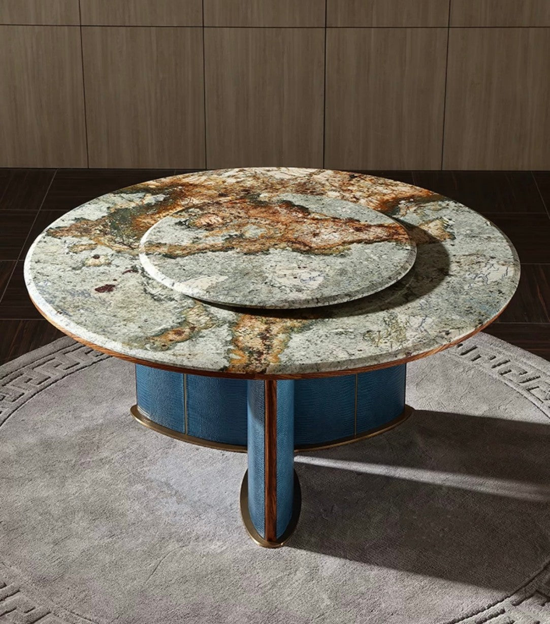 Round Rotating Marble Dining Table with Blue Base, Modern Lazy Susan Table