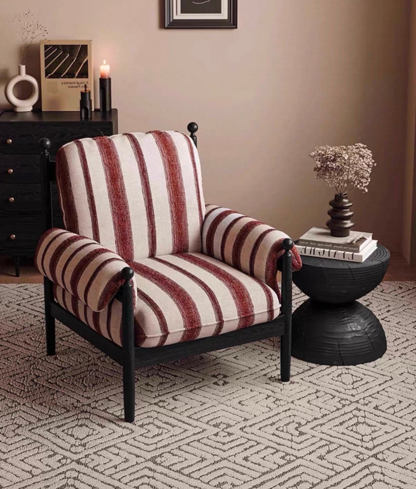 Retro Striped Fabric Armchair, Black Wooden Frame Accent Chair