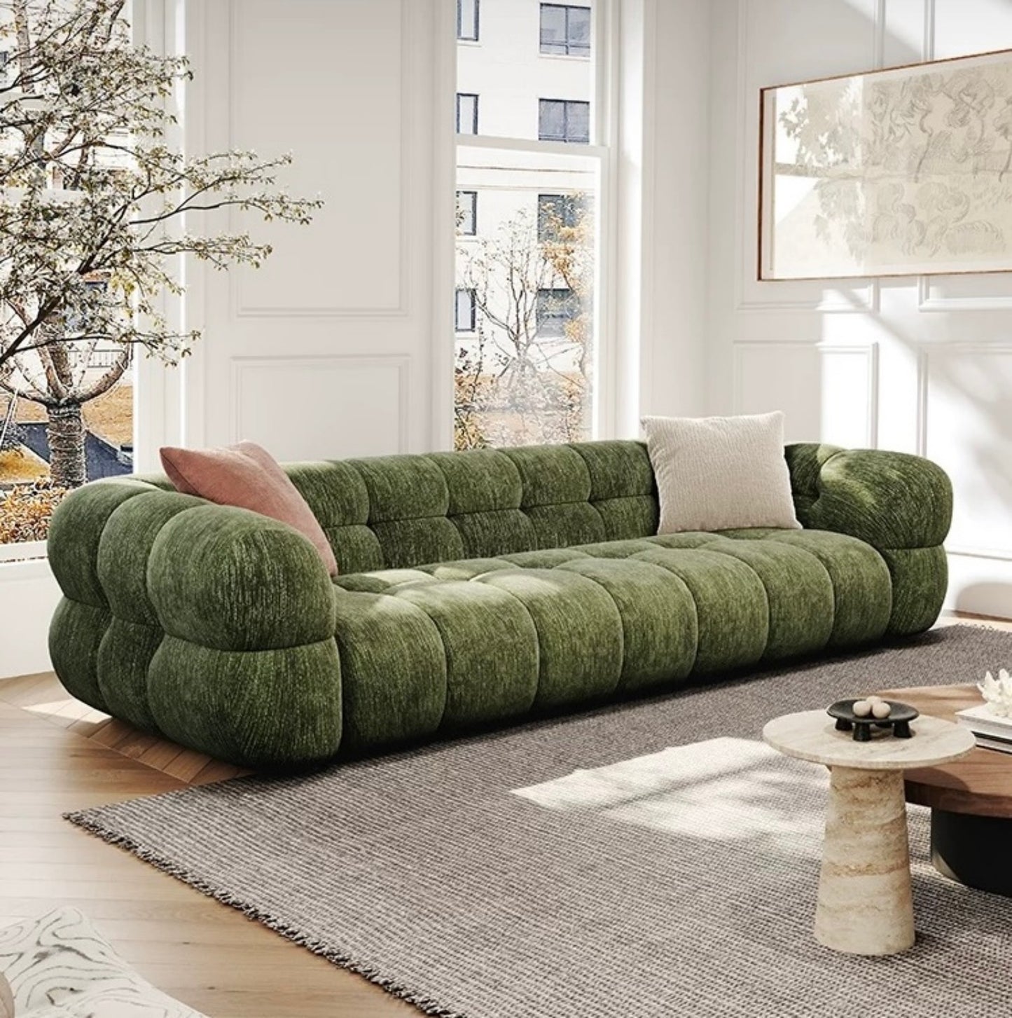 Green Tufted Bubble Sofa, Contemporary Plush Velvet Couch