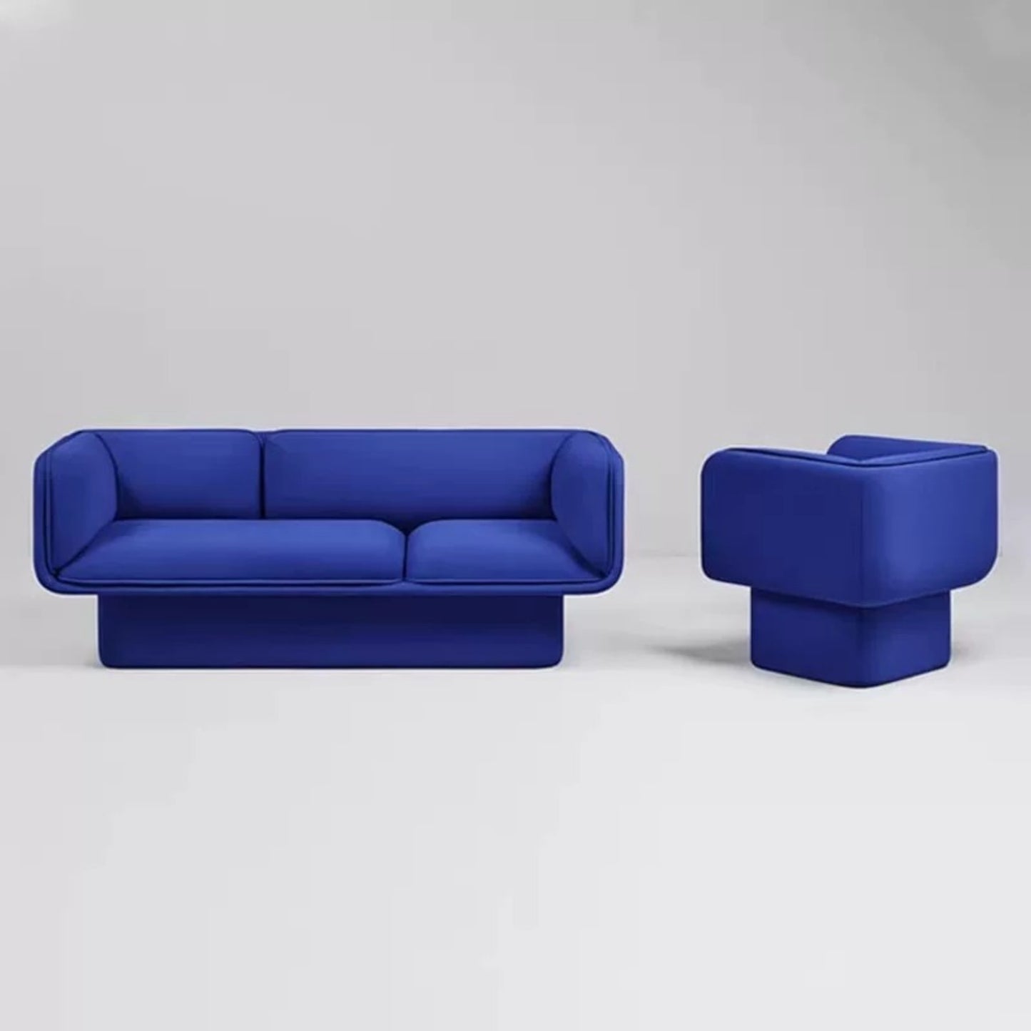 Bold Blue Modern Sofa Set, Boxy Contemporary Couch and Armchair