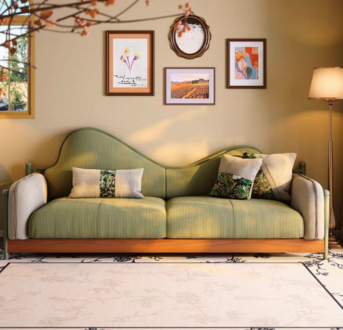 Vintage Green Sofa, Wavy Backrest Retro Living Room Couch