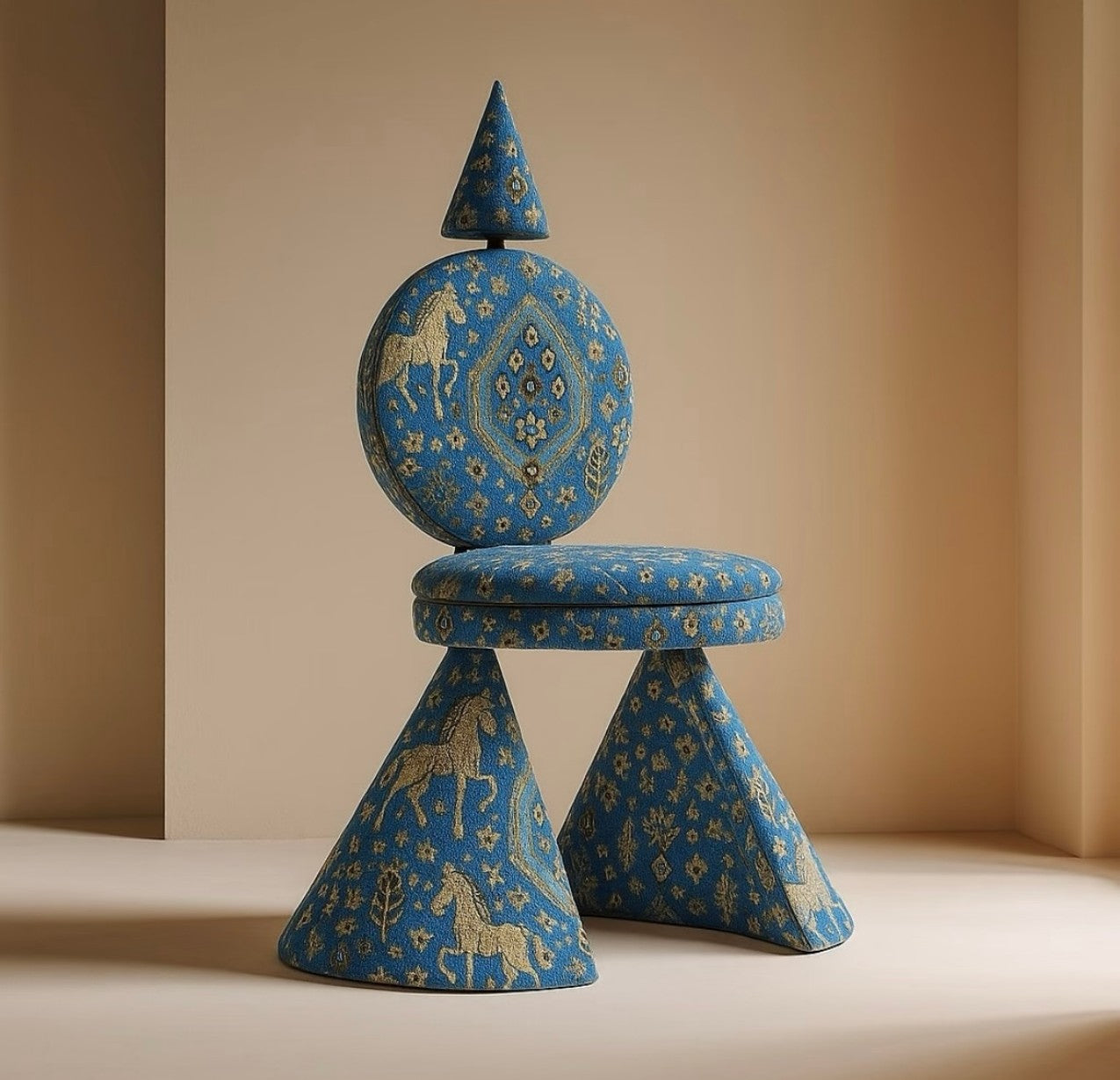 Creative Geometric Accent Chair – Blue Patterned Upholstery, Artistic Designer Statement