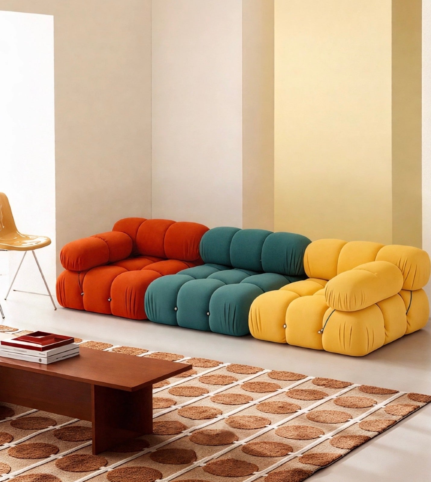 Colorful Tufted Sectional Sofa, Retro Multi-Color Living Room Couch