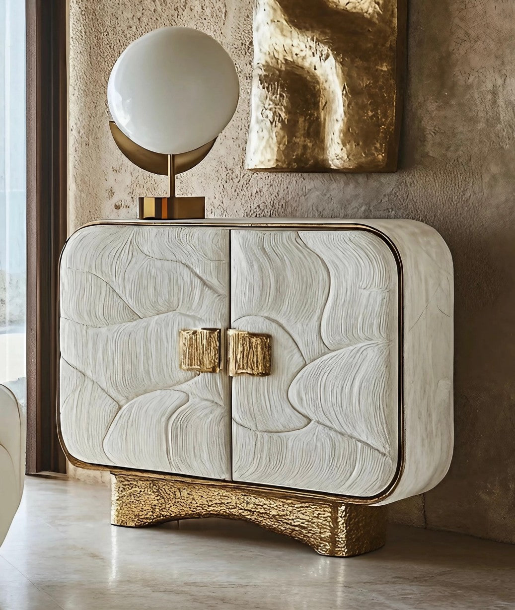 Luxury White and Gold Textured Sideboard, Modern Buffet Cabinet