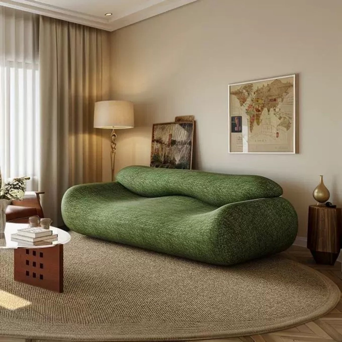 Modern Organic Green Sofa, Minimalist Sculptural Couch