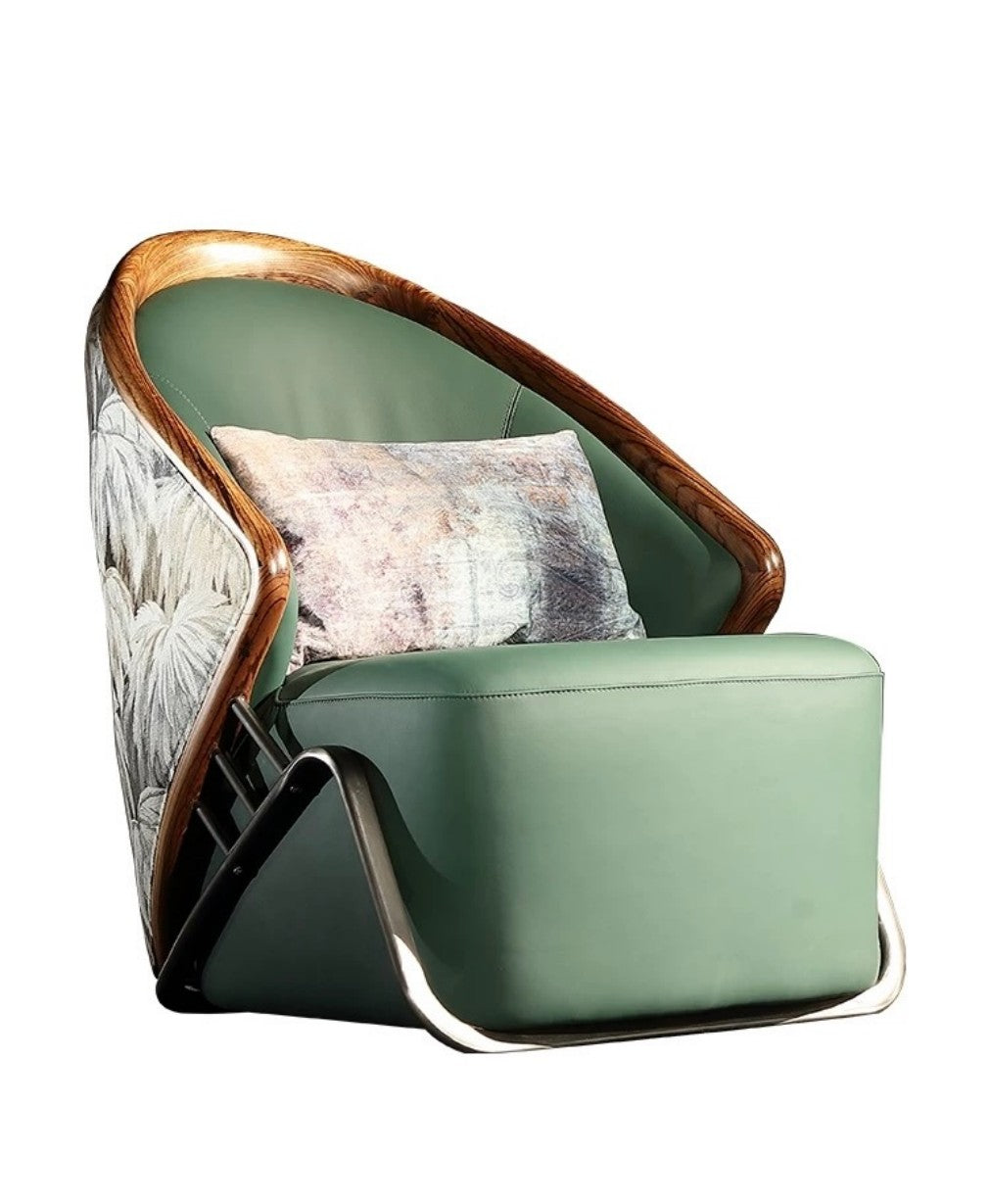 Modern Green Leather Armchair – Wooden Frame & Patterned Back, Luxury Lounge Chair