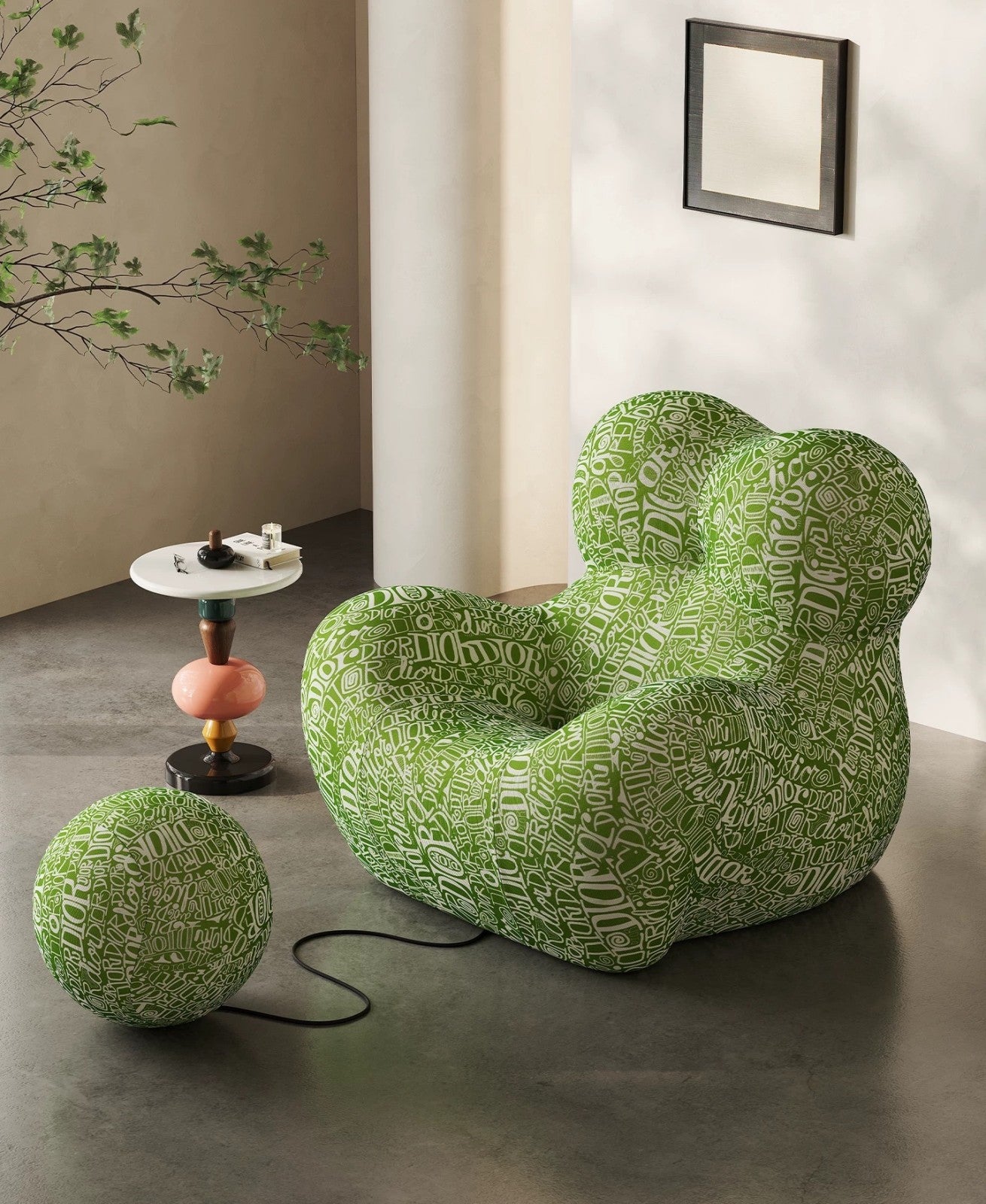 Green Graffiti Print Lounge Chair with Ottoman, Artistic Designer Set