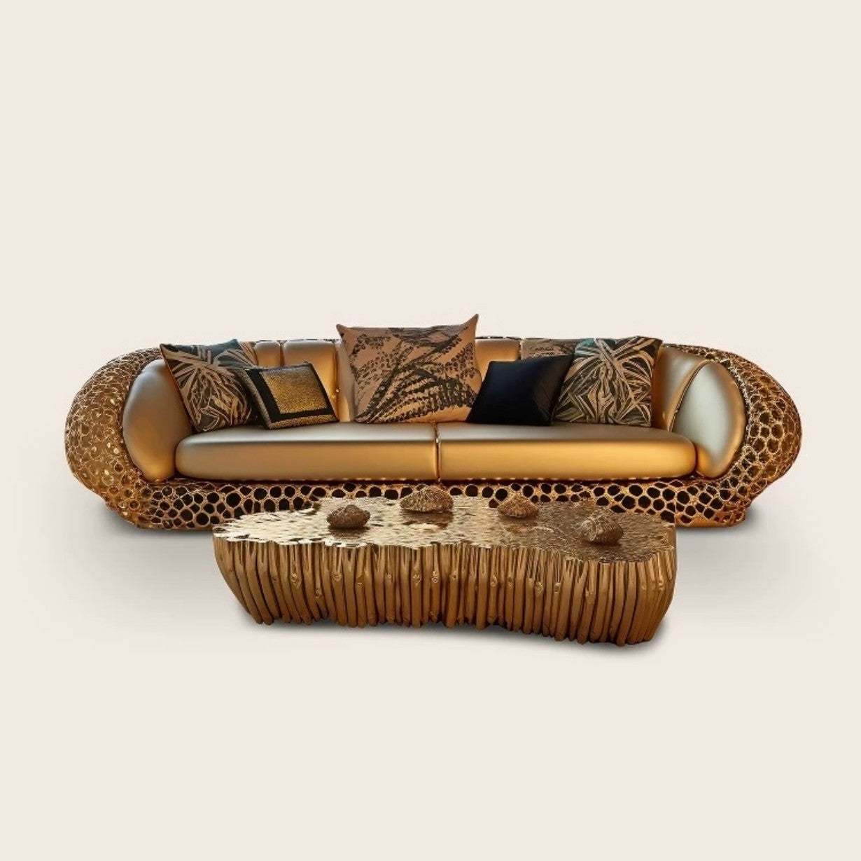 Luxury Gold Leather Sofa – Artistic Modern Design with Sculptural Frame