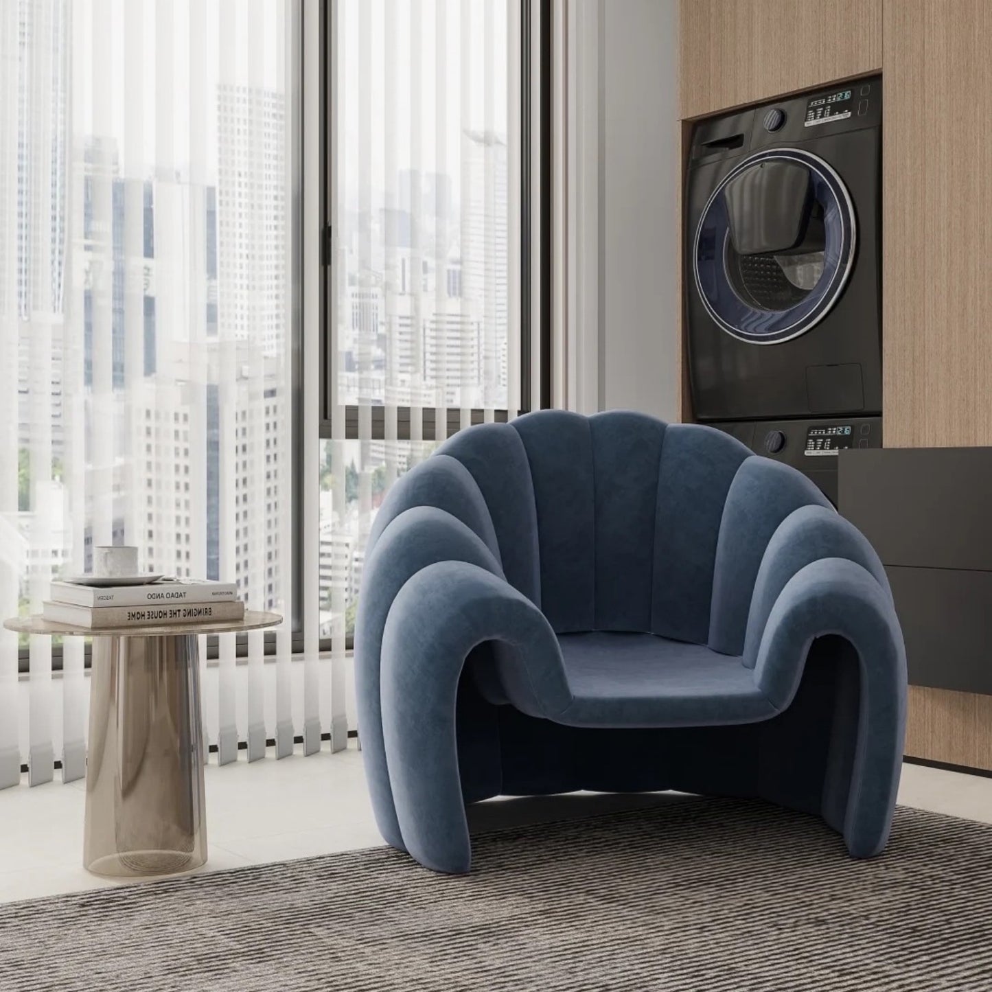 Blue Shell-Shaped Velvet Accent Chair, Modern Statement Lounge Chair