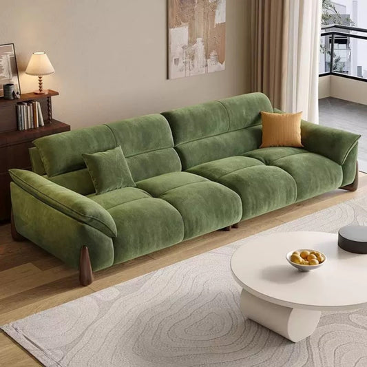 Modern Green Velvet Sofa, Plush Living Room Couch with Wooden Legs
