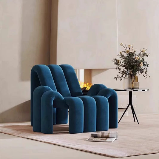 Blue Velvet Wave Accent Chair, Modern Sculptural Lounge Chair, Living Room Statement Chair