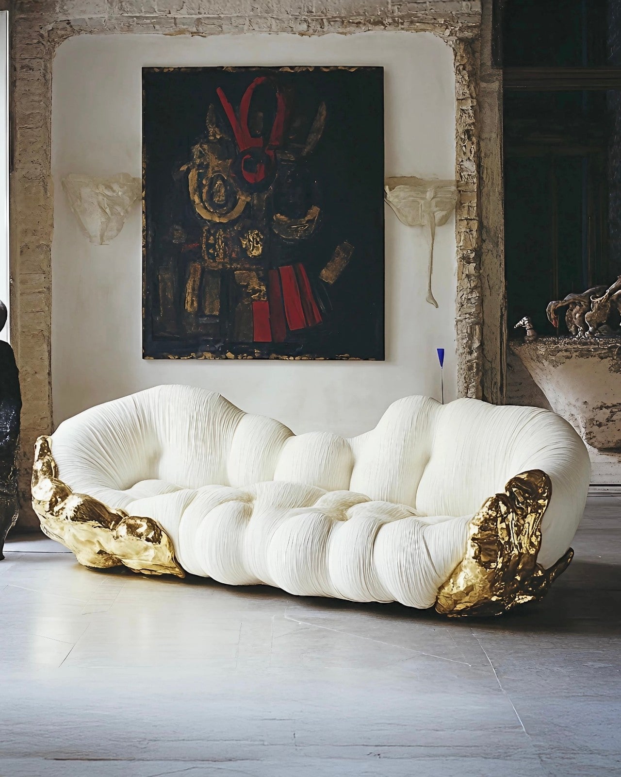 Luxury White Cloud Sofa, Artistic Sofa with Gold Leaf Accents