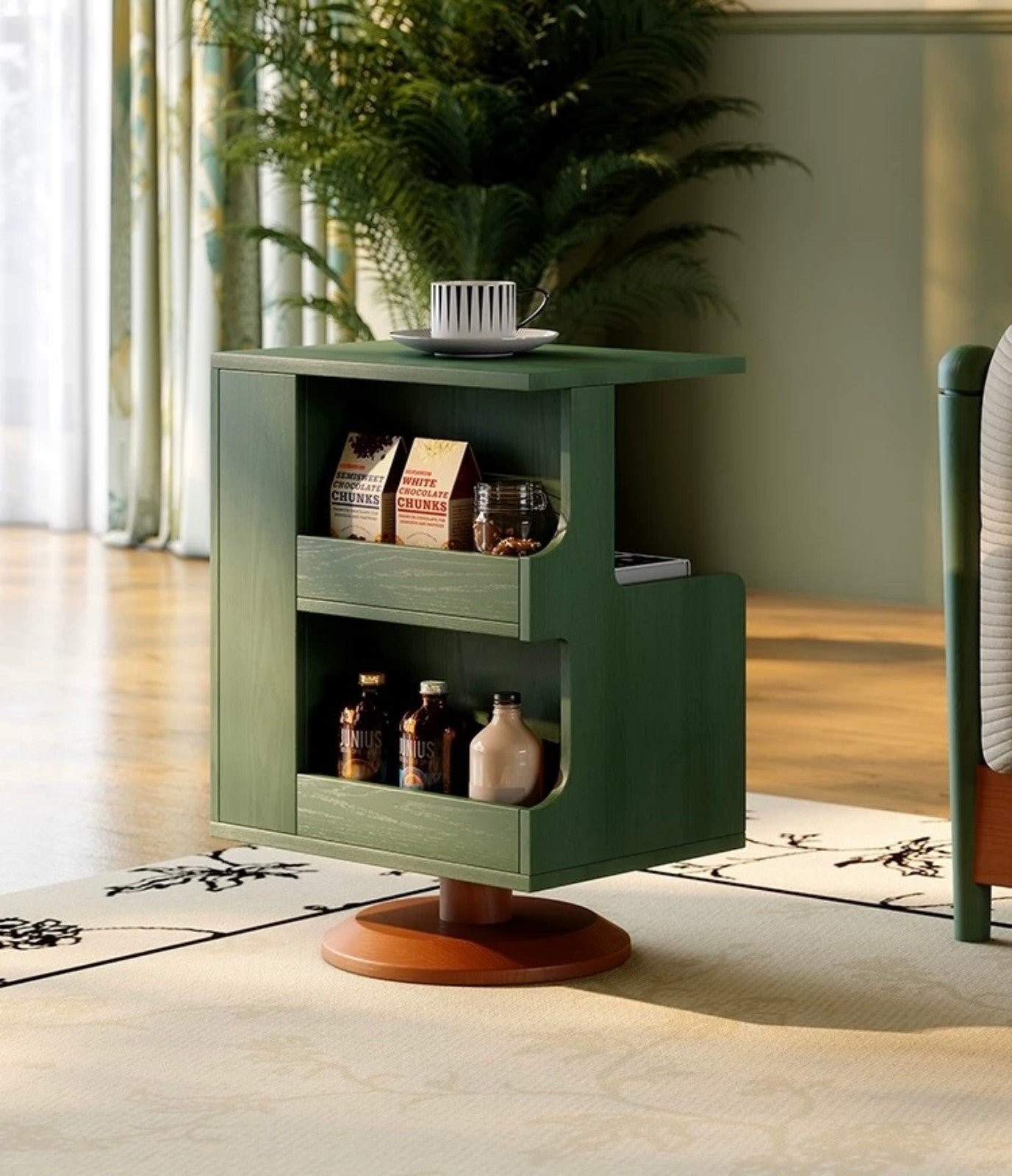 Modern Green Rotating Side Table with Open Storage Shelves