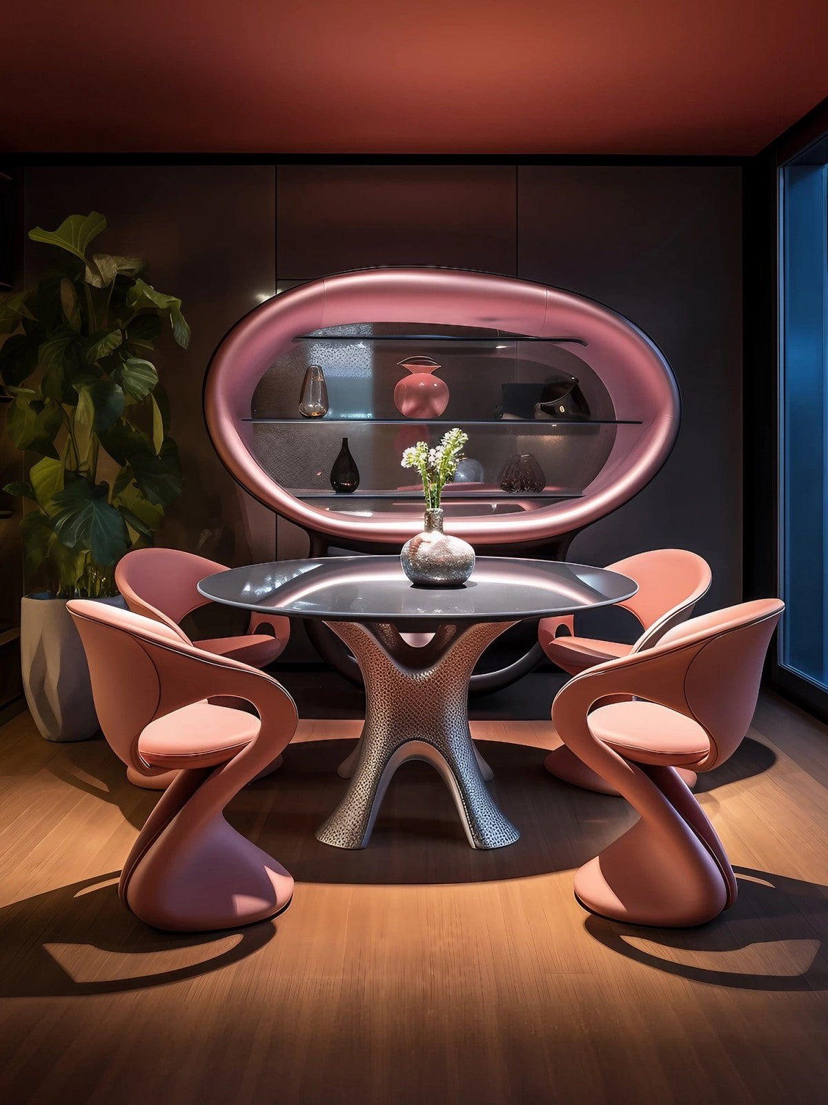 Futuristic Pink Dining Set, Modern Sculptural Dining Table and Chairs