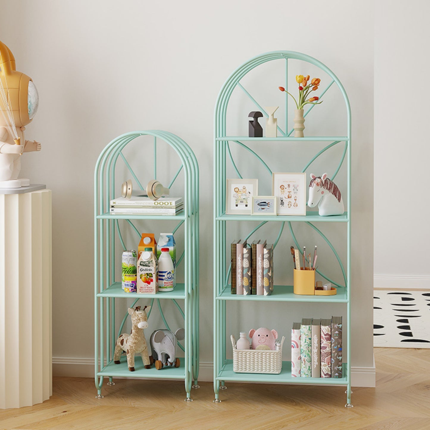 Mint Green Metal Arch Bookshelf Set, Modern Storage Display Racks