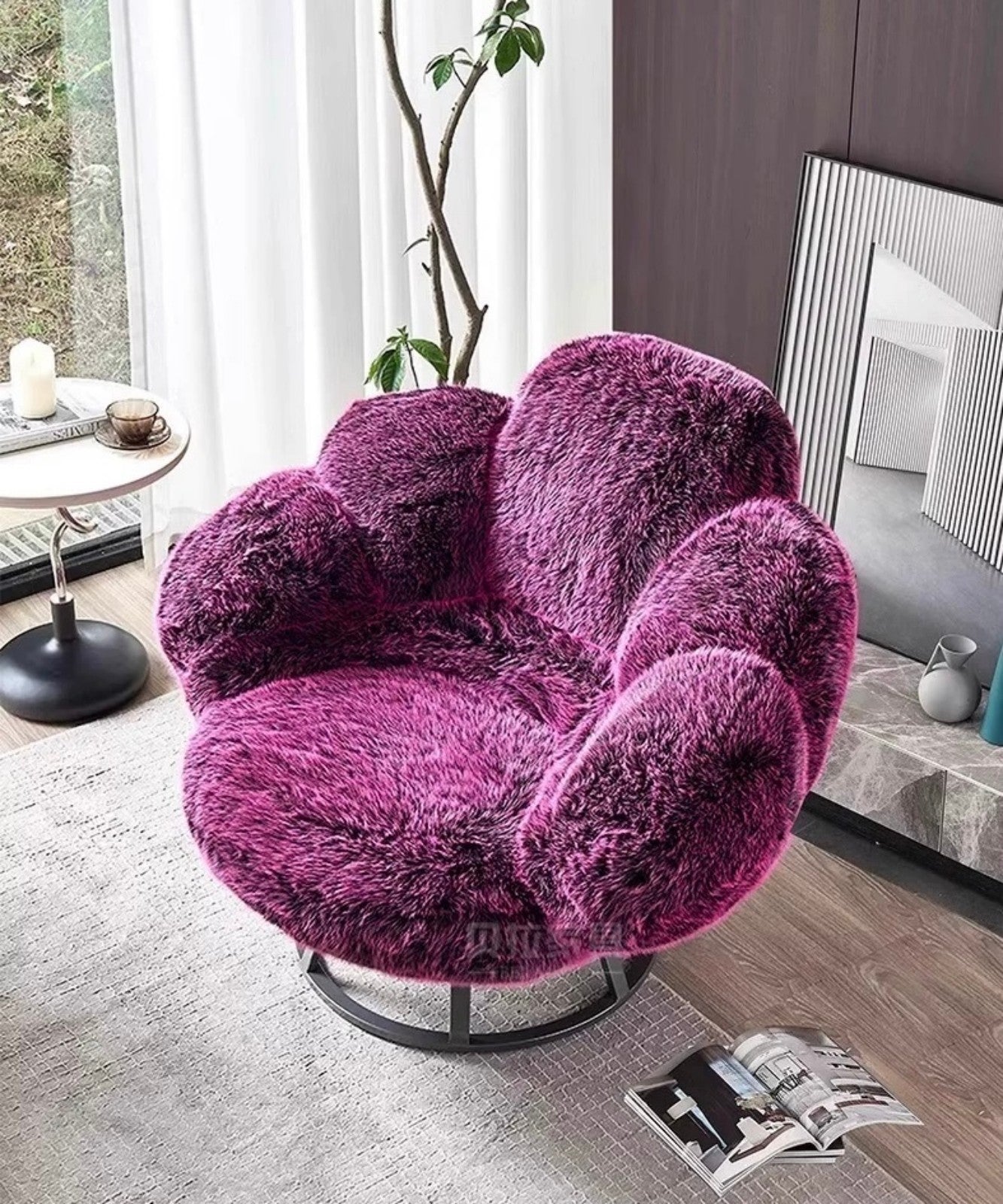 Purple Faux Fur Swivel Accent Chair, Modern Plush Lounge Chair