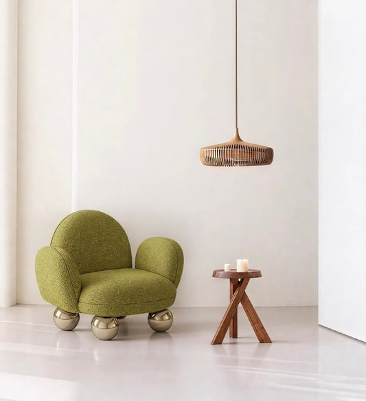 Green Modern Accent Chair, Unique Upholstered Armchair with Metallic Ball Legs, Living Room Statement Chair