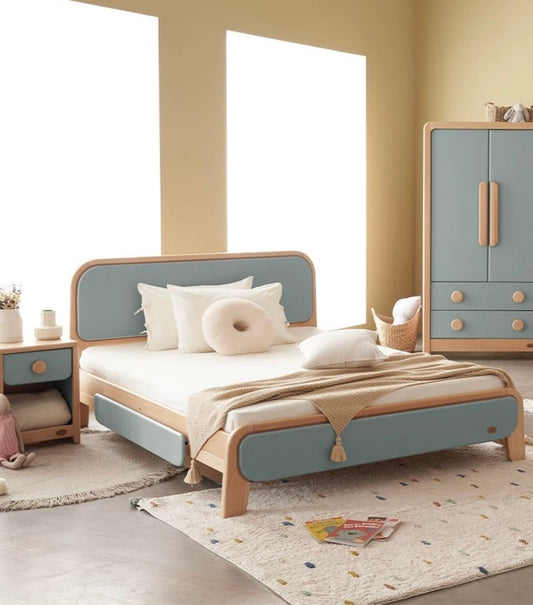 Modern Blue and Wood Kids Bed, Stylish Children's Platform Bed