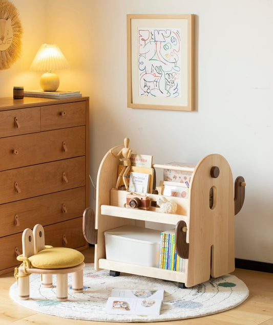 Cute Wooden Kids’ Bookshelf with Animal Design, Rolling Storage Organizer