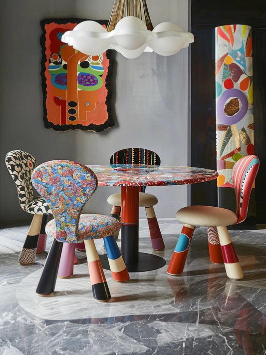 Colorful Artistic Dining Table Set, Modern Designer Dining Chairs