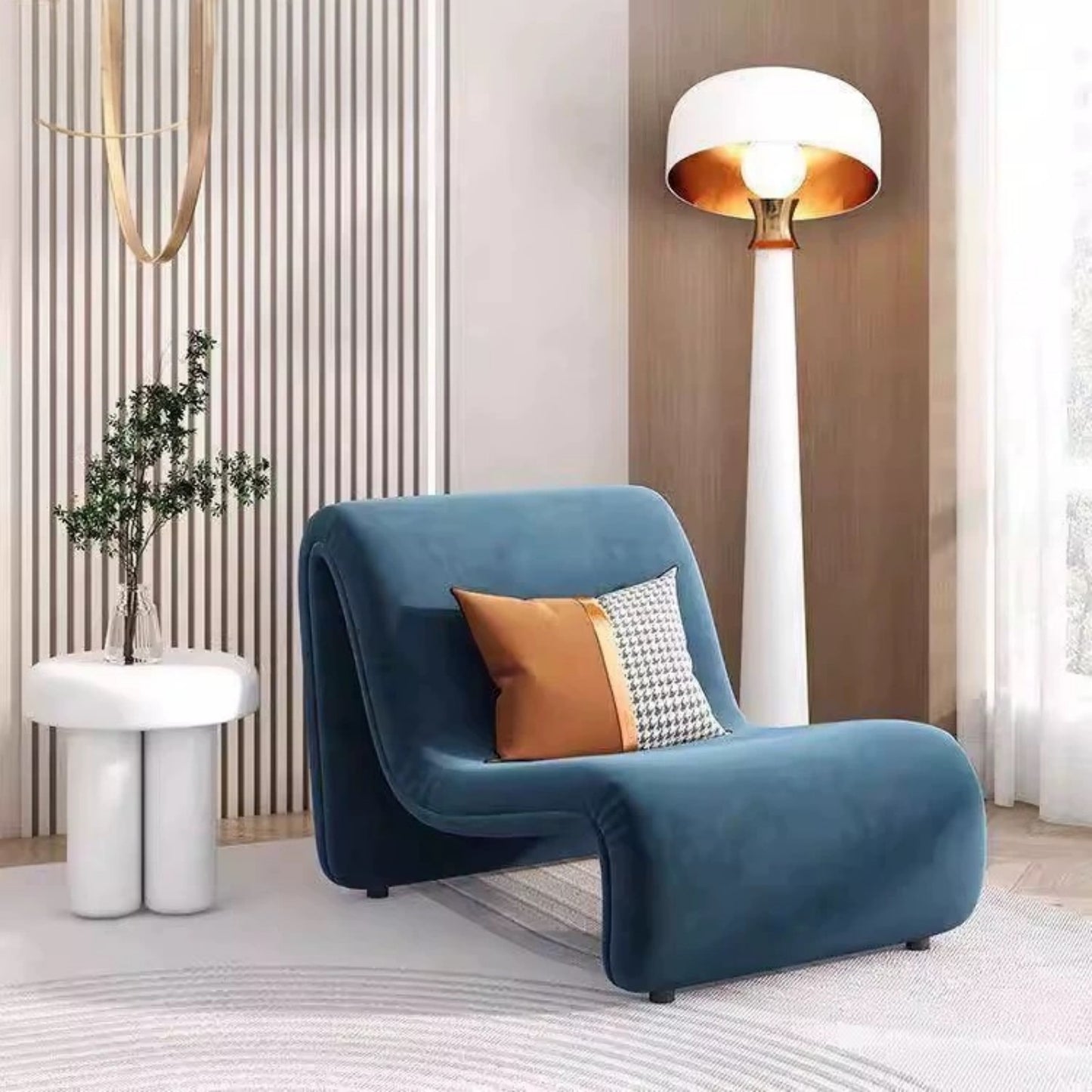 Blue Velvet Lounge Chair, Modern Wave Accent Armchair, Living Room or Bedroom Chair