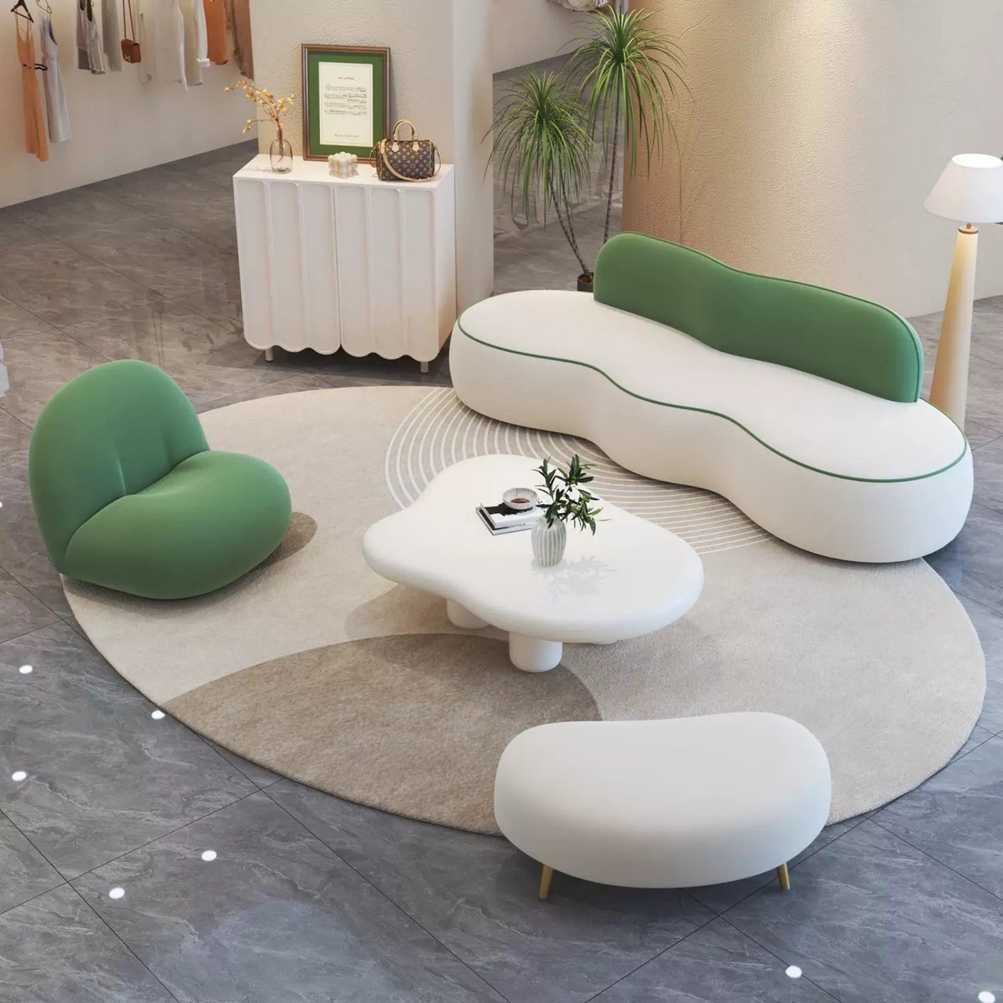 reen and White Wavy Modern Sofa, Unique Contemporary Living Room Set