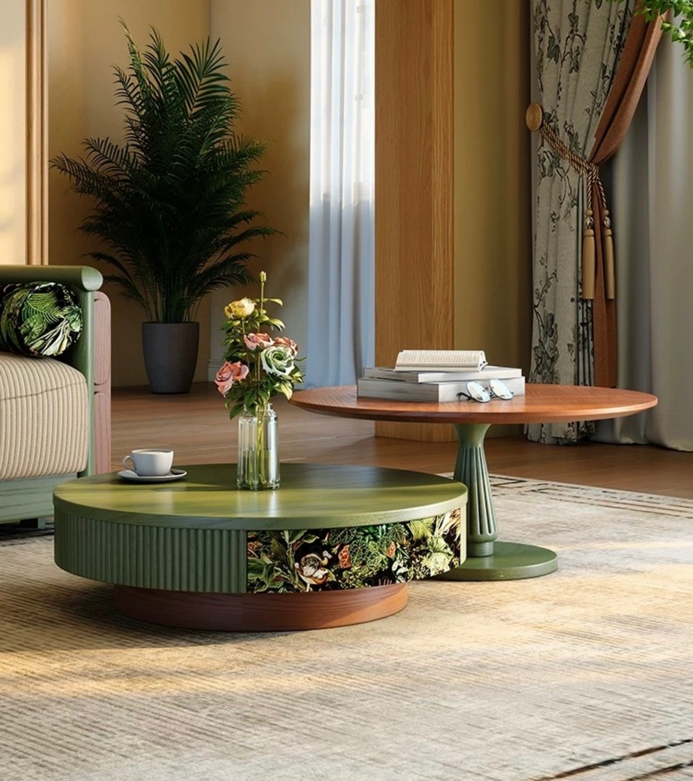 Botanical Green Coffee Table Set, Artistic Wood Double Tables