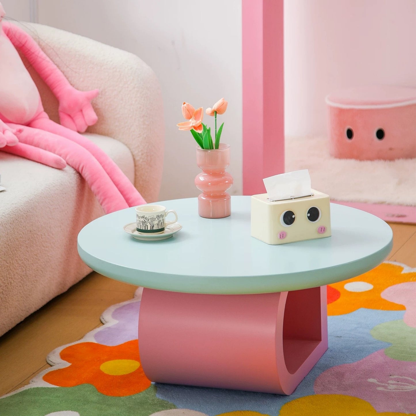 Pastel Blue and Pink Coffee Table, Cute Modern Round Table