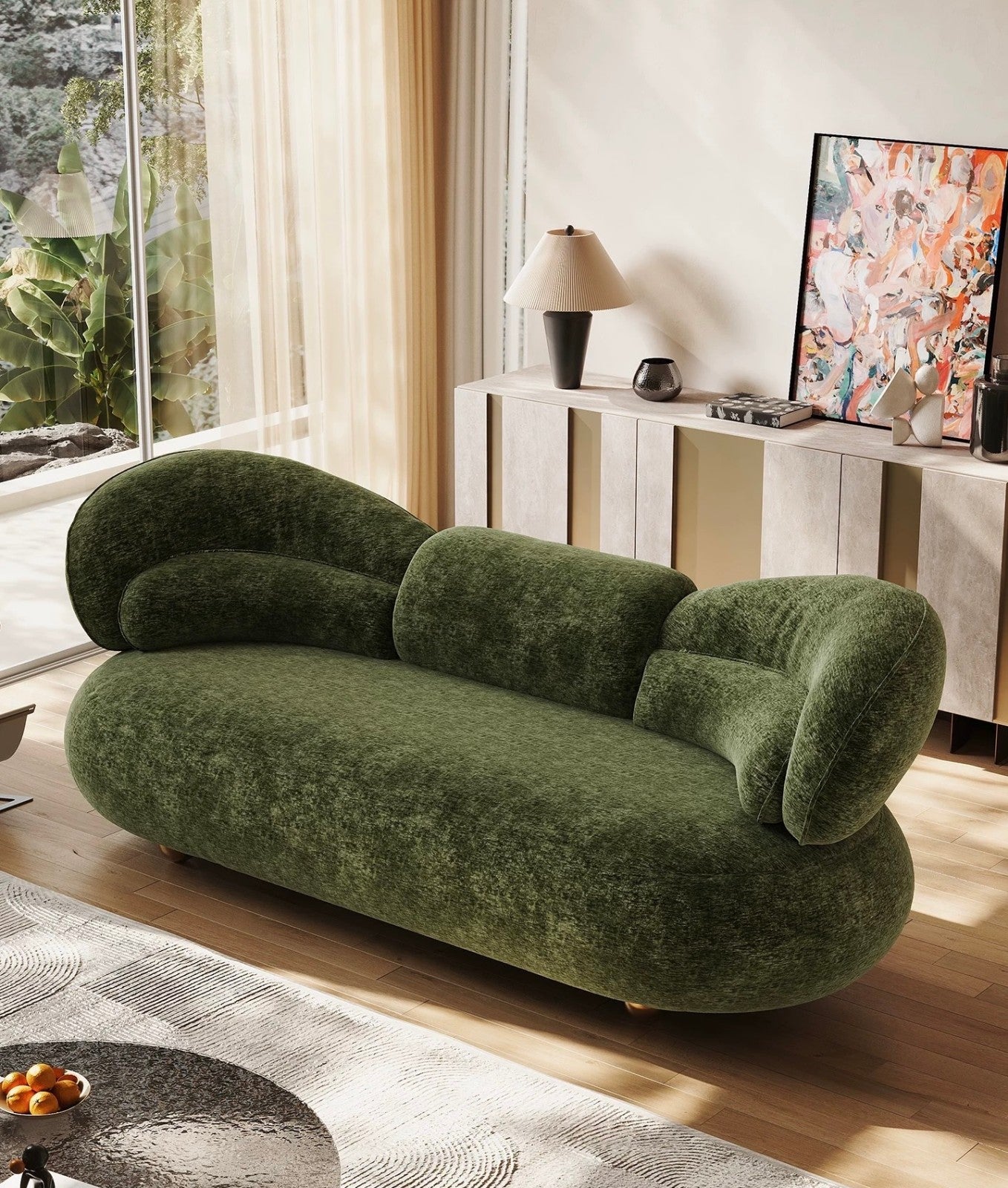 Modern Curved Green Velvet Sofa, Contemporary Designer Couch