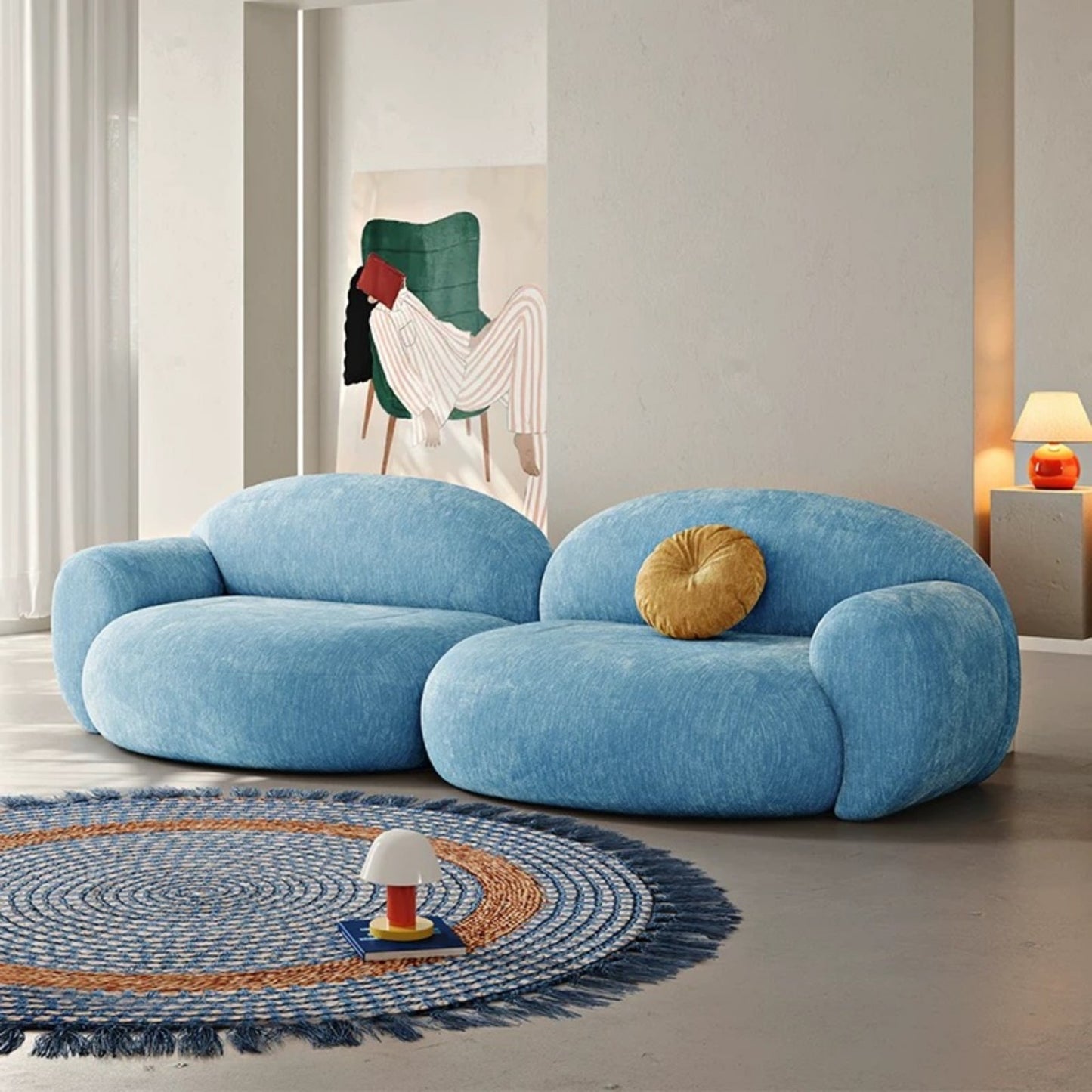 Modern Blue Cloud Sofa, Oversized Rounded Arm Living Room Couch