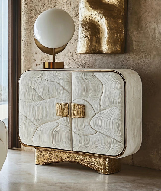 Luxury White and Gold Textured Sideboard, Modern Buffet Cabinet