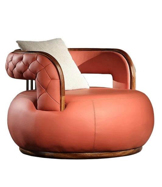 Italian Pink Leather Lounge Chair – Modern Round Armchair with Wooden Accents