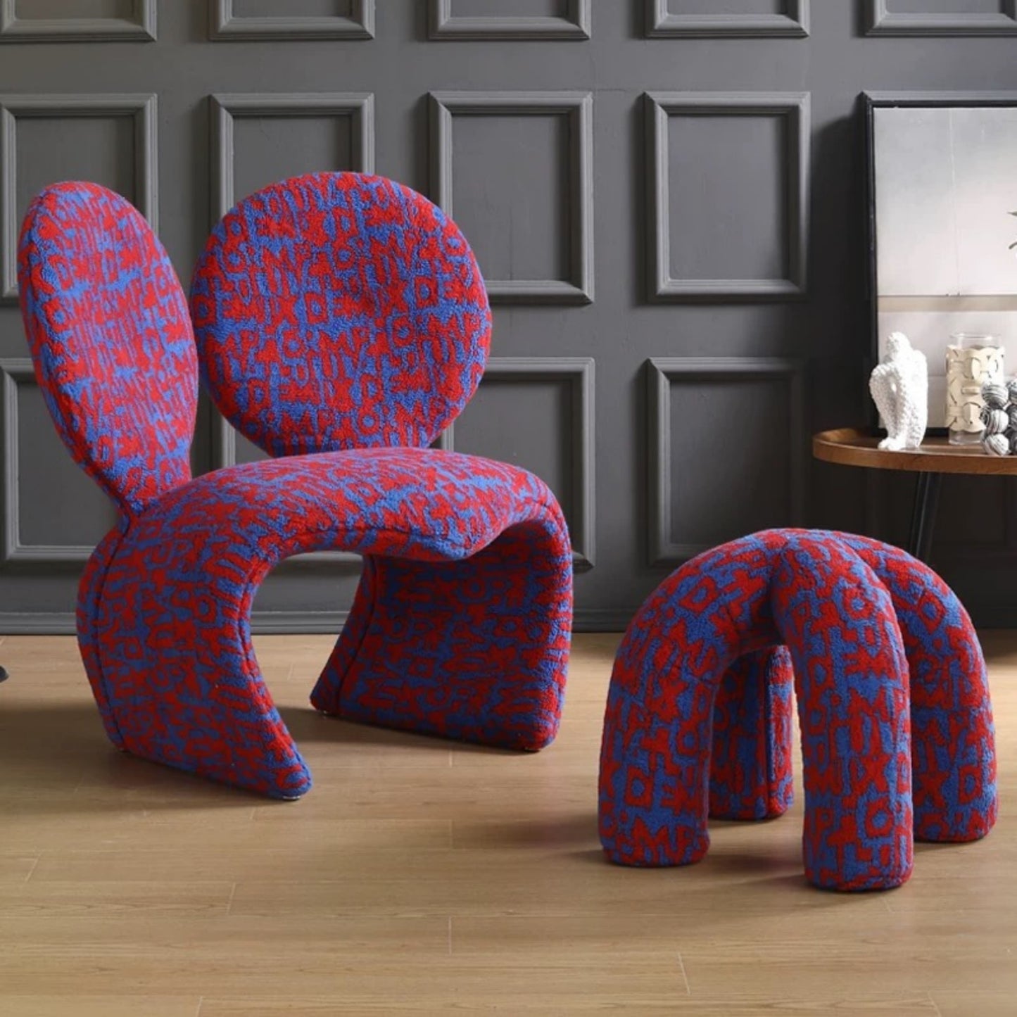 Colorful Letter Pattern Artistic Accent Chair with Ottoman, Modern Statement Lounge Set