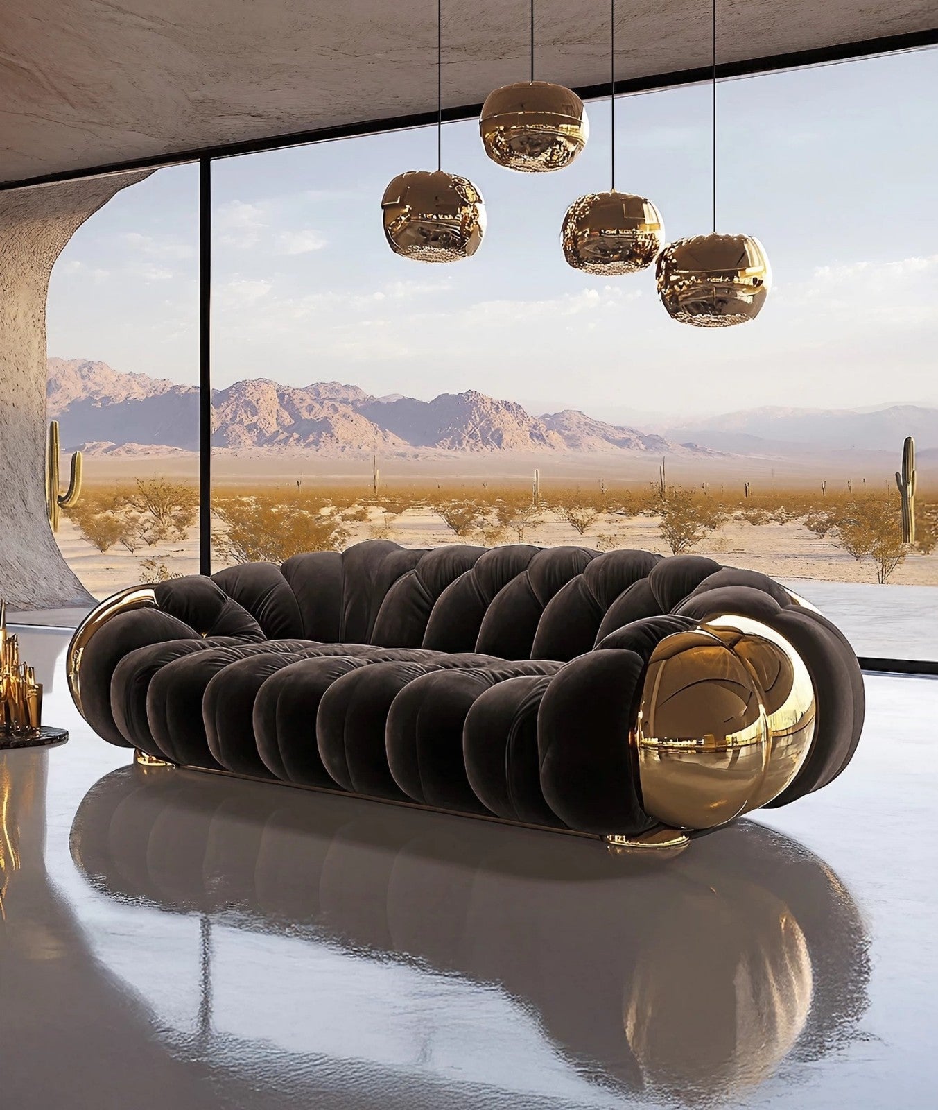 Luxurious Black Velvet Sofa, Modern Tufted Couch with Gold Details