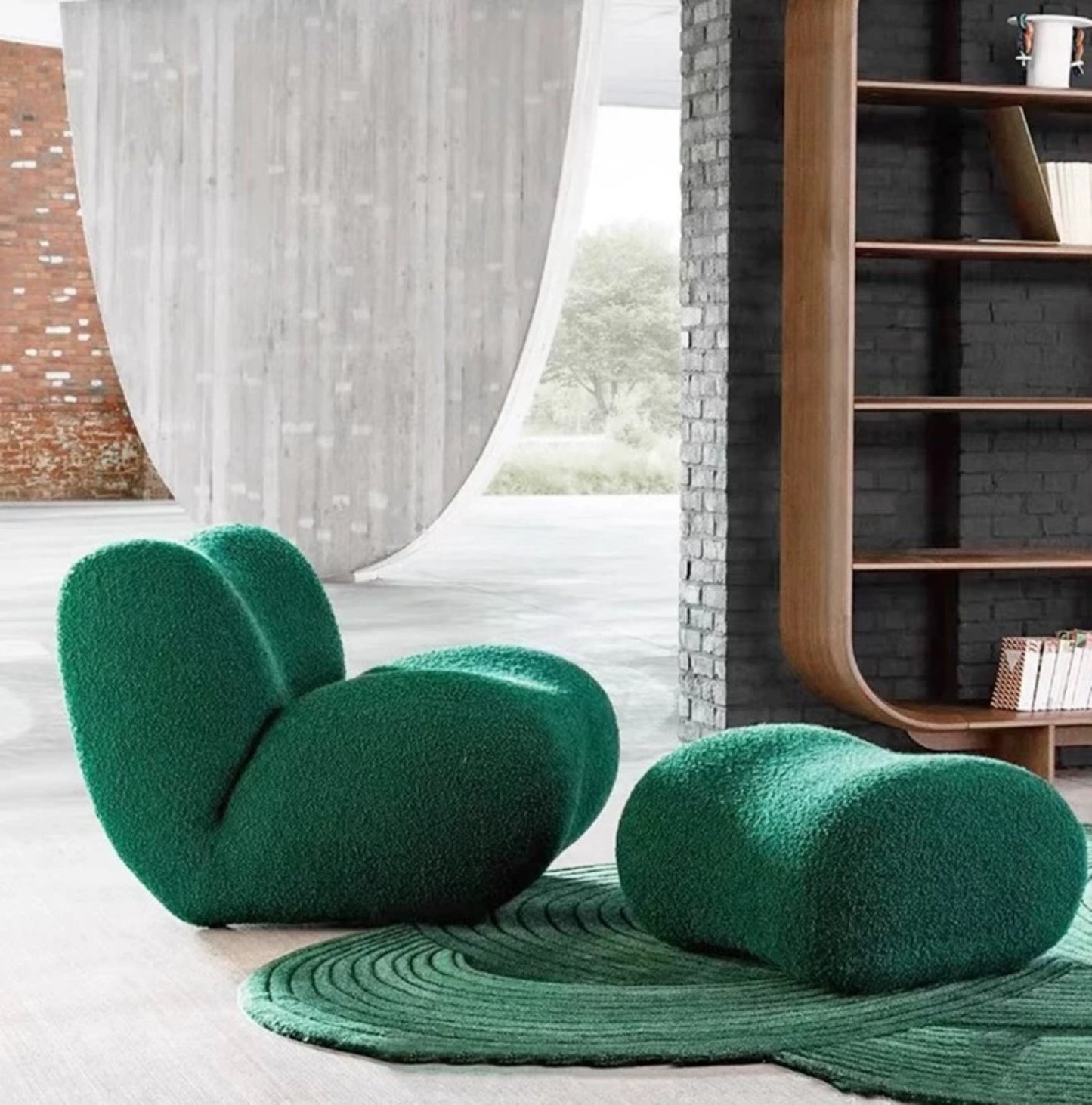 Green Bouclé Lounge Chair with Ottoman, Contemporary Cozy Armchair Set