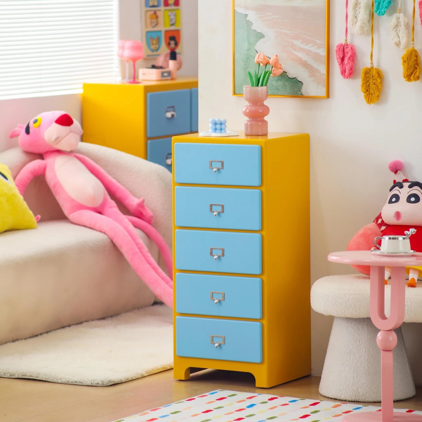 Yellow and Blue Tall Drawer Cabinet, Modern Kids’ Storage Tower
